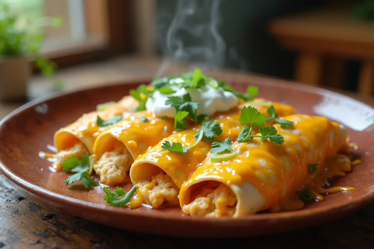 A close-up of cheesy chicken enchiladas with melted cheese, garnished with cilantro, sour cream, and green onions, served on a plate with soft lighting and a rustic kitchen backdrop.