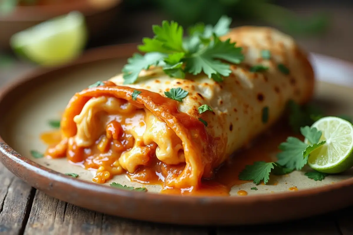 A close-up of a chicken enchilada burrito with melted cheese and enchilada sauce oozing from the center, wrapped in a soft flour tortilla, garnished with cilantro and lime wedges.