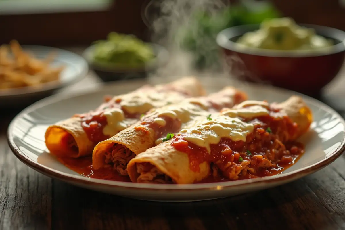 Close-up of Crock Pot Chicken Enchiladas with melted cheese, shredded chicken, and enchilada sauce, garnished with cilantro and served on a rustic wooden table.