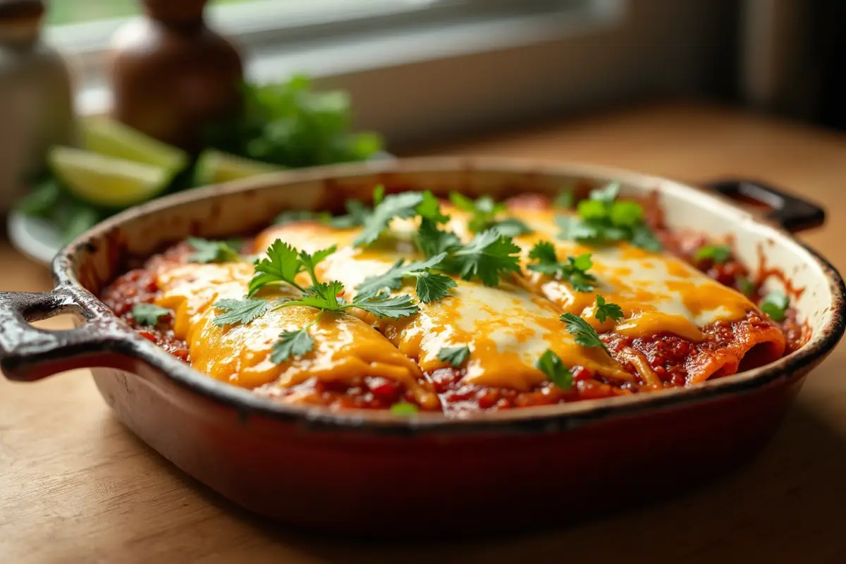 A close-up of Monterey Chicken Enchiladas in a baking dish, topped with melted cheese, golden and slightly crispy, garnished with cilantro and lime wedges, in soft natural light.