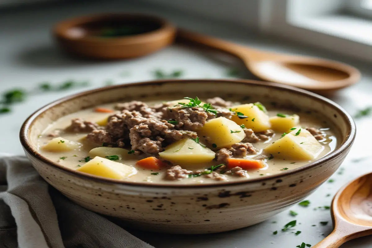 Hearty bowl of Crockpot Creamy Potato and Hamburger Soup served hot with herbs on top.