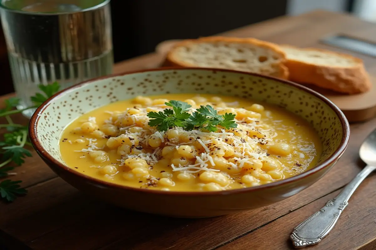 A cozy bowl of creamy pastina topped with melted Parmesan cheese, fresh parsley, and a side of crusty bread, captured in soft natural light.