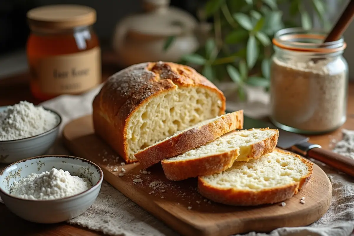 A freshly baked loaf of sweet sourdough bread with a golden-brown crust and soft, fluffy interior. The bread is sliced, showing its chewy texture, with a warm and cozy ambiance in the background. Honey, flour, and butter are subtly placed around the scene.