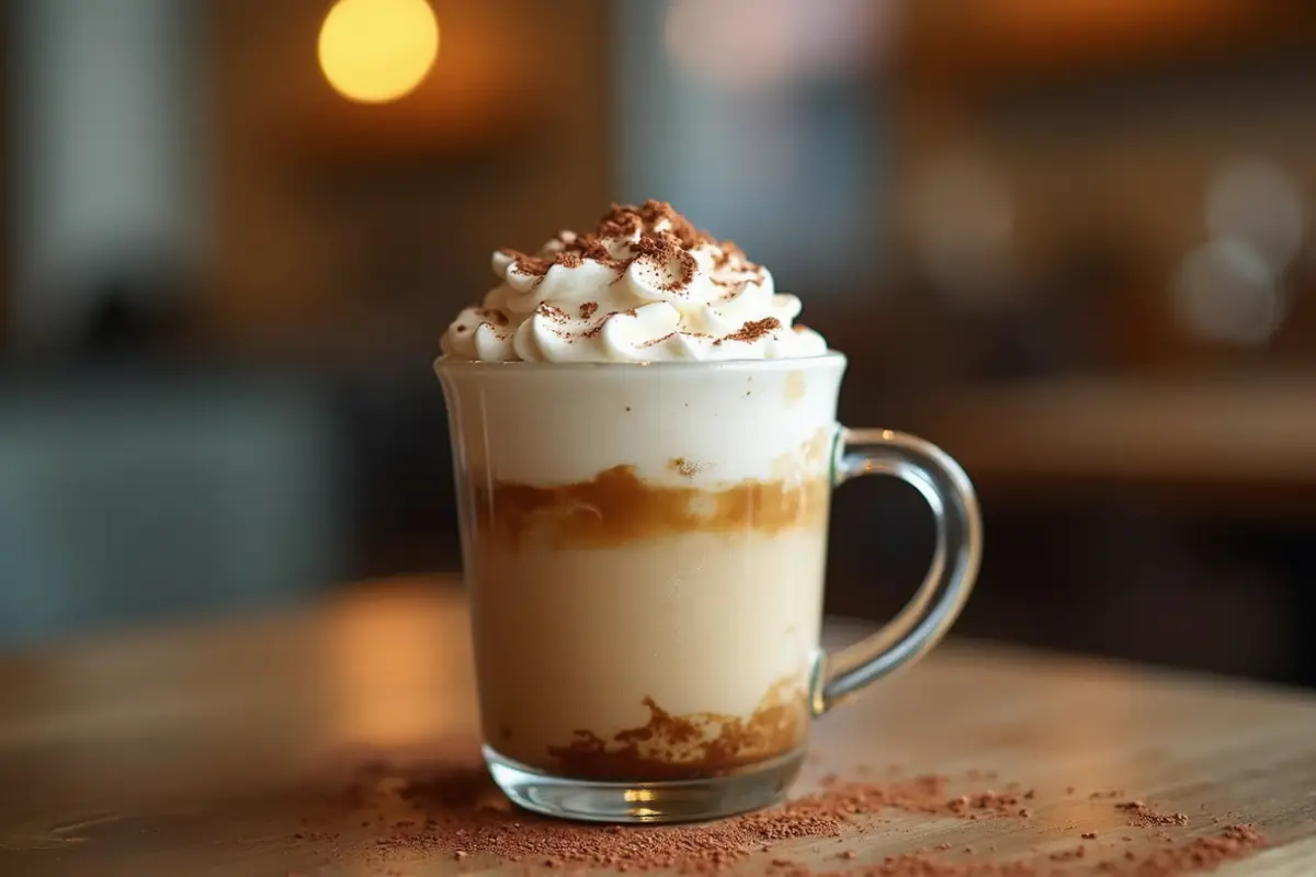 A close-up of a Tiramisu Latte in a clear glass, topped with mascarpone cream and cocoa powder, placed on a rustic wooden table with soft, natural lighting.