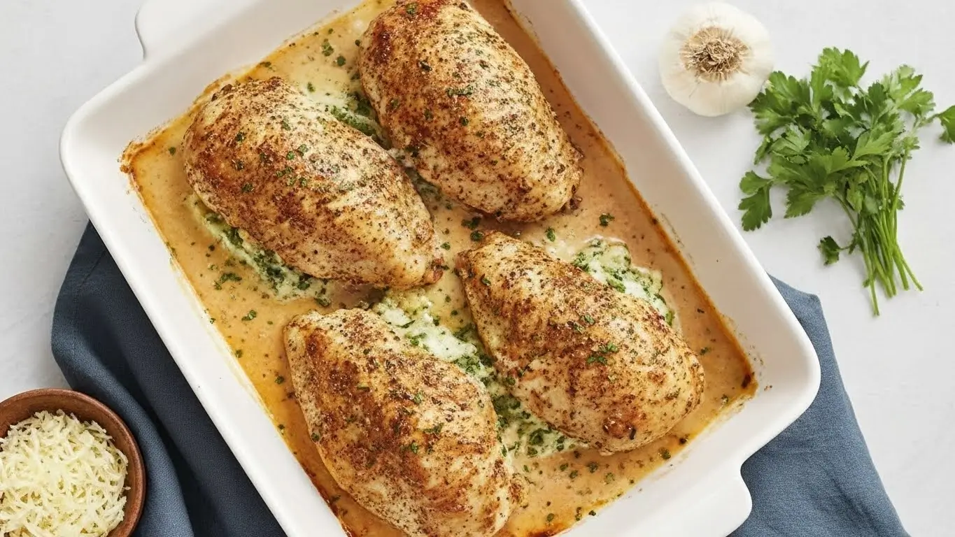 Overhead view of golden-brown spinach and cream cheese stuffed chicken breasts sliced to show the creamy filling, displayed on a clean light background with soft natural lighting.