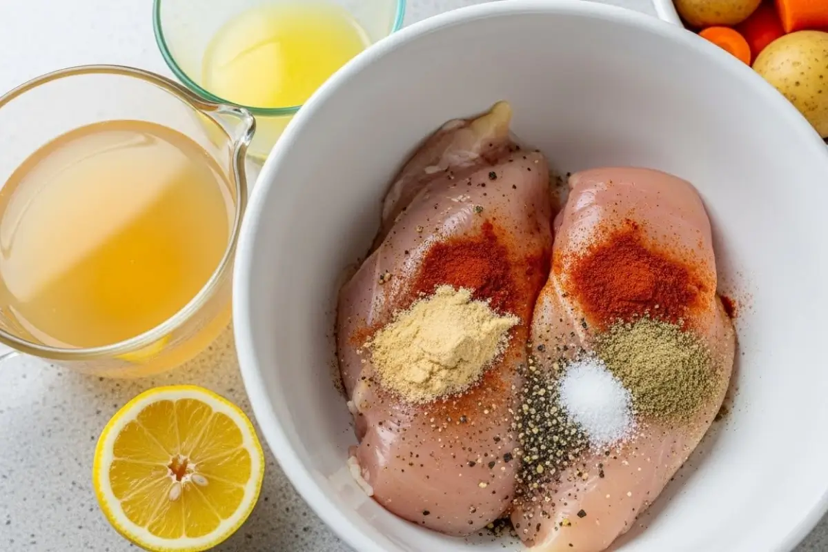 Seasoned raw chicken breasts in a crockpot with spices and vegetables for chicken breast crockpot recipes.