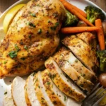 Sliced, golden air fryer chicken breasts arranged on a white plate in soft natural light.