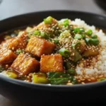 Ginger miso brothy soup served in a black bowl, topped with crispy sesame tofu cubes, steamed white rice, chopped green onions, sesame seeds, and green vegetables in a savory brown broth.