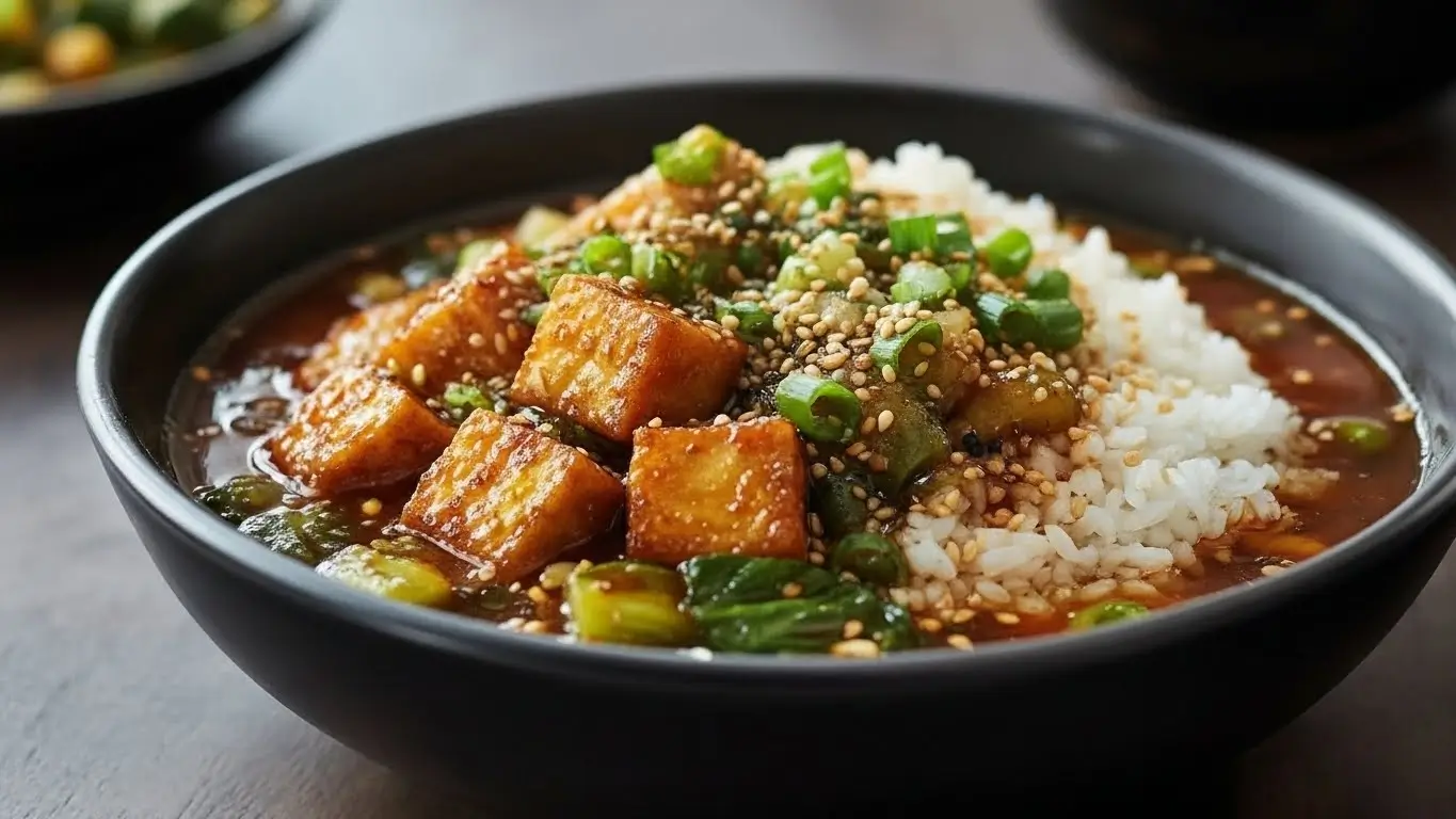 Ginger miso brothy soup served in a black bowl, topped with crispy sesame tofu cubes, steamed white rice, chopped green onions, sesame seeds, and green vegetables in a savory brown broth.