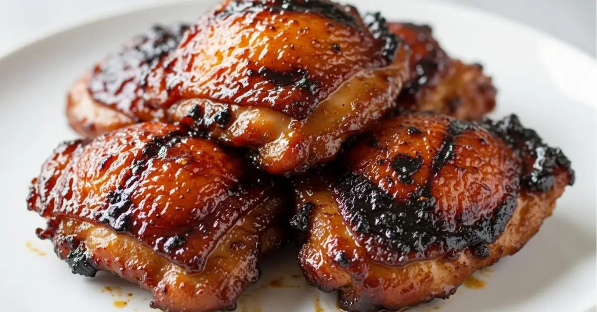 Caramelized BBQ chicken thighs on a white plate, coated in a glossy golden-brown BBQ glaze, photographed in soft natural light against a clean background.
