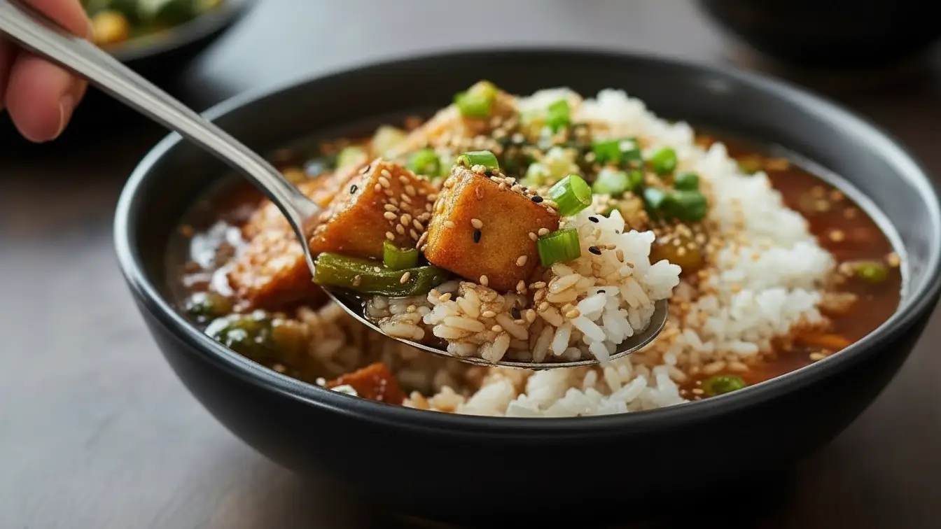 Ginger miso brothy soup served in a black bowl, topped with crispy sesame tofu cubes, steamed white rice, chopped green onions, sesame seeds, and green vegetables in a savory brown broth.