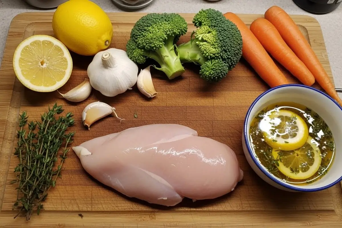 Raw chicken breast with lemon, garlic, thyme, broccoli, and carrots prepared for marinating, illustrating the start of boneless skinless chicken breast recipes.