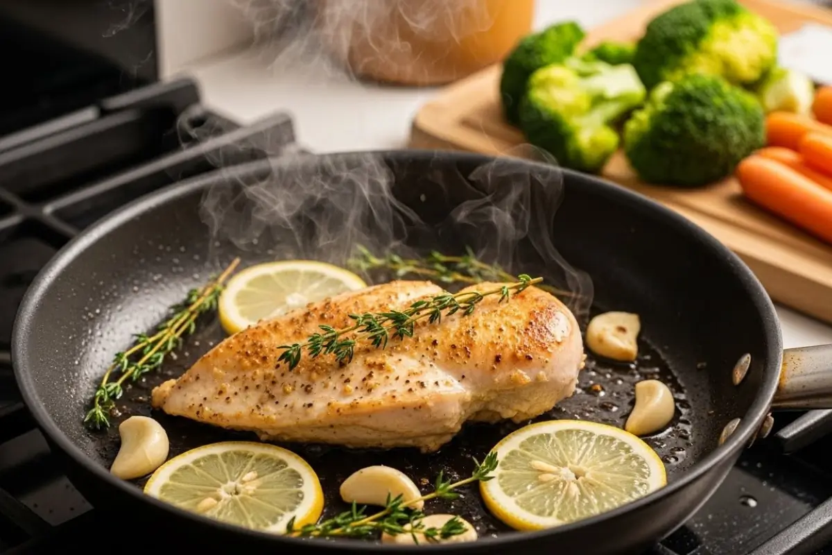 Boneless skinless chicken breast searing in a pan with lemon, garlic, and thyme, demonstrating cooking steps in boneless skinless chicken breast recipes.