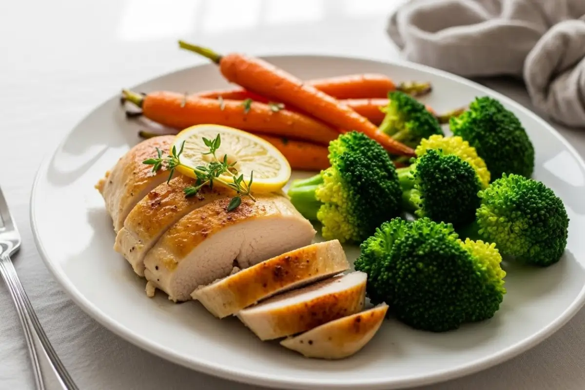 Plated boneless skinless chicken breast with roasted carrots and steamed broccoli, showing serving ideas for boneless skinless chicken breast recipes.