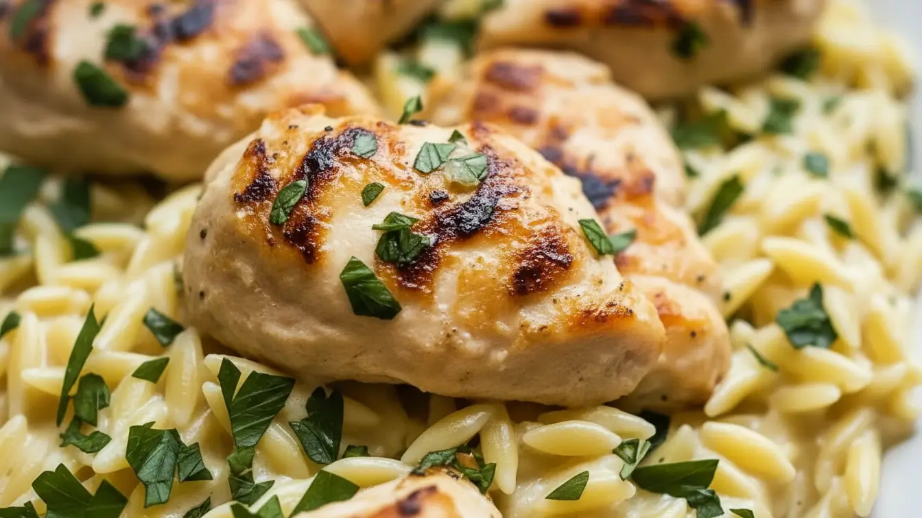 Zesty lemon chicken orzo served on a white plate, with golden seared chicken pieces over creamy orzo pasta, garnished with fresh parsley and a lemon wedge.