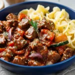 Hungarian pörkölt stew served in a blue bowl, with tender beef pieces cooked in a paprika-rich sauce with tomatoes, onions, zucchini, and herbs, accompanied by wide egg noodles.