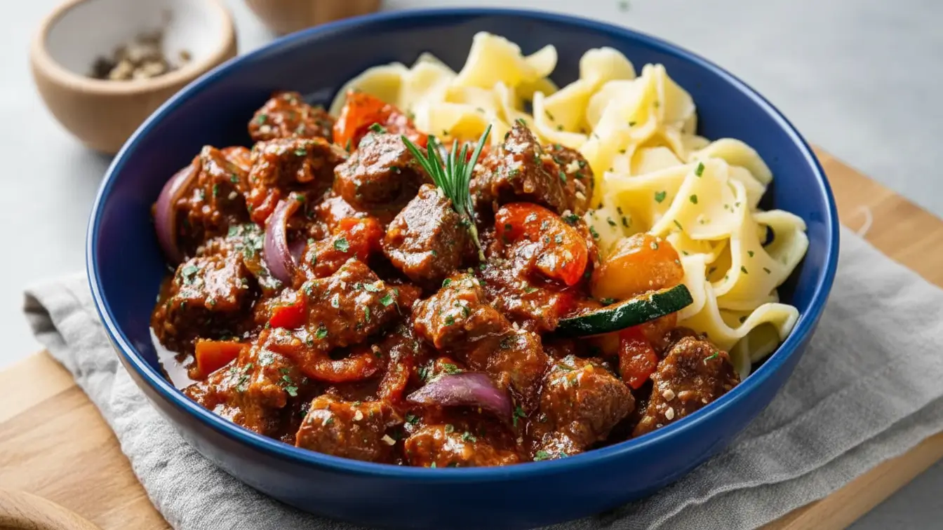 Hungarian pörkölt stew served in a blue bowl, with tender beef pieces cooked in a paprika-rich sauce with tomatoes, onions, zucchini, and herbs, accompanied by wide egg noodles.