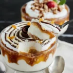 10-minute Greek yogurt dessert served in a glass cup, layered with creamy yogurt and caramel sauce, topped with chocolate drizzle, citrus zest, and nuts, with a spoon beside it.