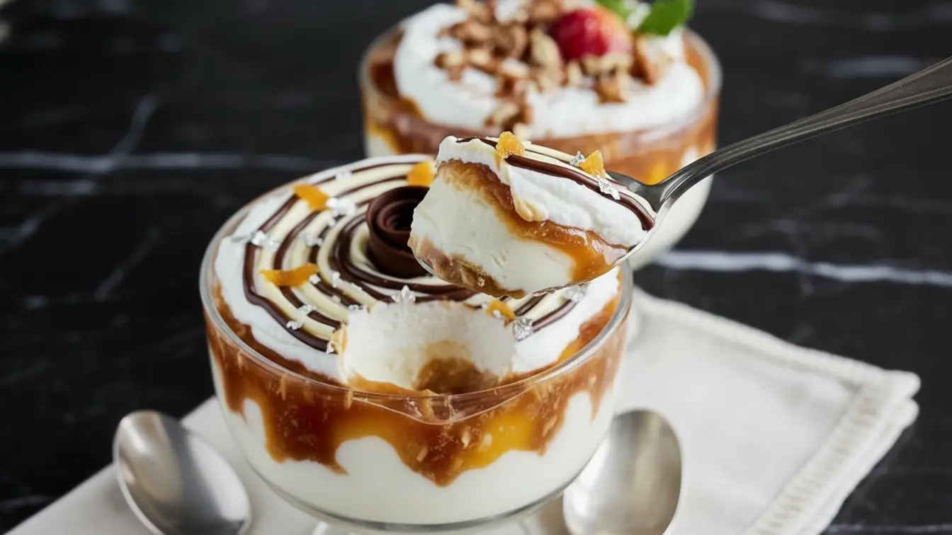 10-minute Greek yogurt dessert served in a glass cup, layered with creamy yogurt and caramel sauce, topped with chocolate drizzle, citrus zest, and nuts, with a spoon beside it.