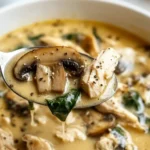 Creamy rotisserie chicken mushroom soup in a white bowl, with tender shredded chicken, sliced mushrooms, spinach leaves, and black pepper in a rich golden broth.