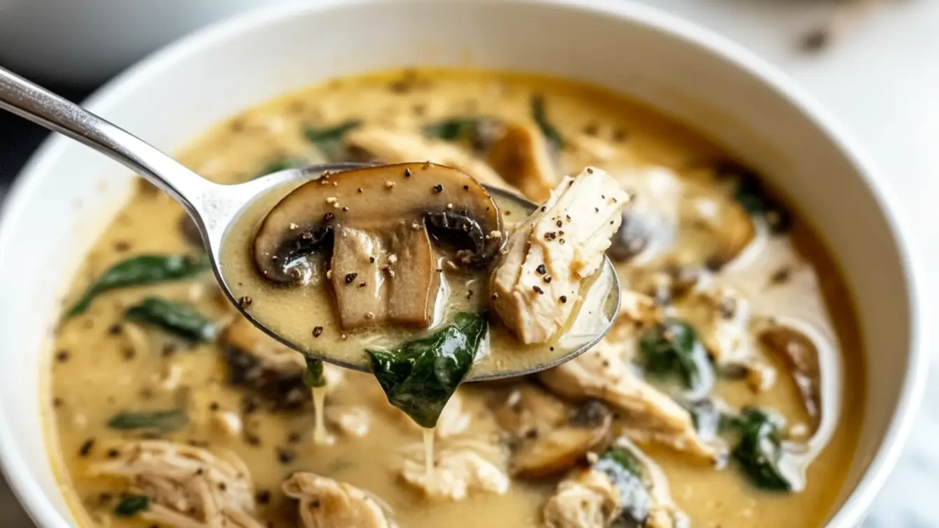 Creamy rotisserie chicken mushroom soup in a white bowl, with tender shredded chicken, sliced mushrooms, spinach leaves, and black pepper in a rich golden broth.