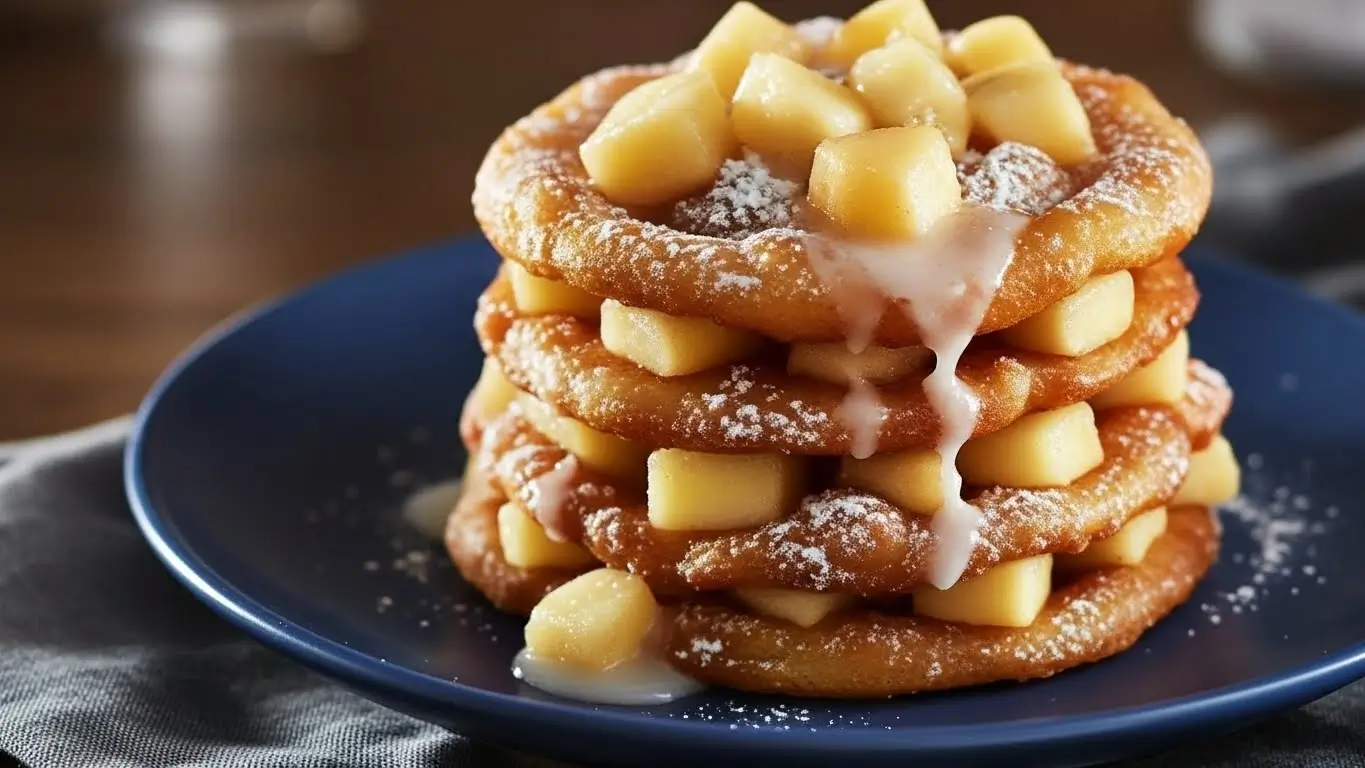 Baked apple fritters stacked on a blue plate, topped with diced apples, powdered sugar, and a light vanilla glaze dripping over the edges.