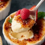 Crème brûlée served in individual white ramekins, featuring a caramelized sugar crust and creamy custard, topped with fresh raspberries, sliced strawberries, and mint leaves.