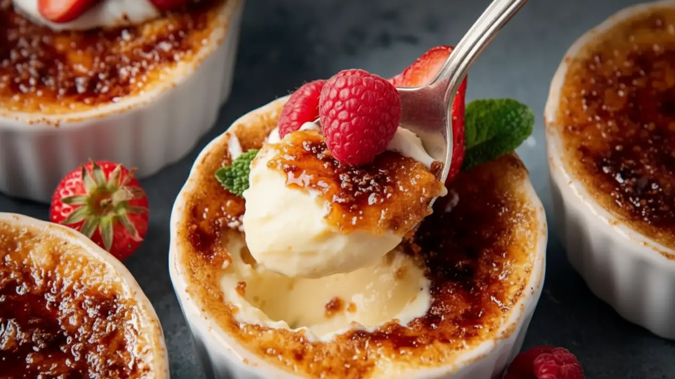 Crème brûlée served in individual white ramekins, featuring a caramelized sugar crust and creamy custard, topped with fresh raspberries, sliced strawberries, and mint leaves.
