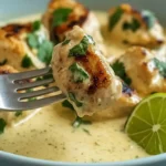 Creamy coconut lime chicken served in a shallow bowl, with golden seared chicken pieces in a smooth coconut sauce, garnished with fresh cilantro and a sliced lime.