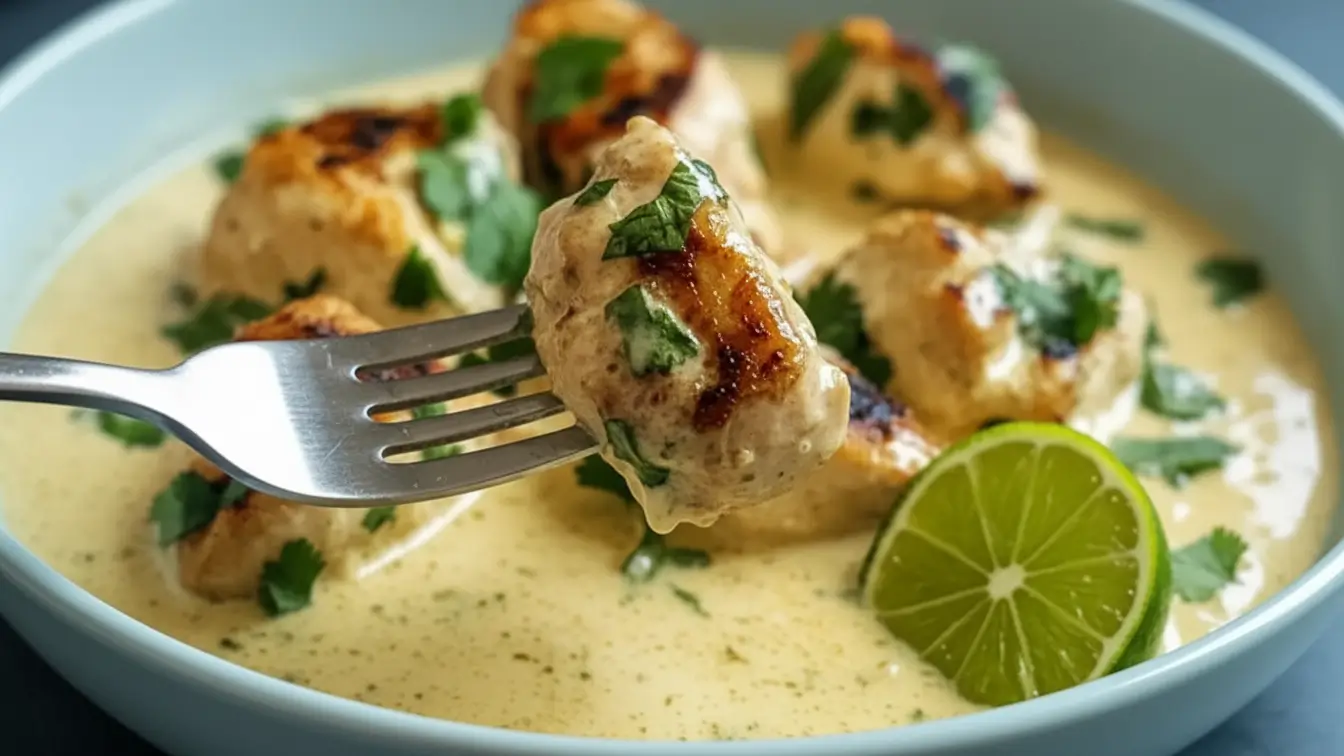 Creamy coconut lime chicken served in a shallow bowl, with golden seared chicken pieces in a smooth coconut sauce, garnished with fresh cilantro and a sliced lime.