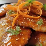 Hot honey chicken cutlets served on a black plate, featuring crispy breaded chicken pieces glazed with spicy honey sauce, garnished with carrot ribbons, sesame seeds, and fresh dill.