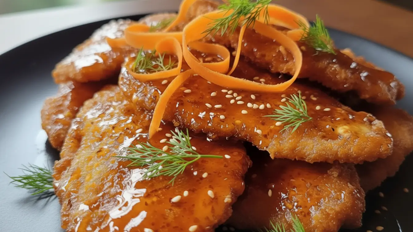 Hot honey chicken cutlets served on a black plate, featuring crispy breaded chicken pieces glazed with spicy honey sauce, garnished with carrot ribbons, sesame seeds, and fresh dill.