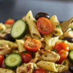 Mediterranean chicken pasta salad in a blue bowl, with grilled chicken pieces, penne pasta, cherry tomatoes, cucumber slices, black olives, and herbs tossed in a light dressing.