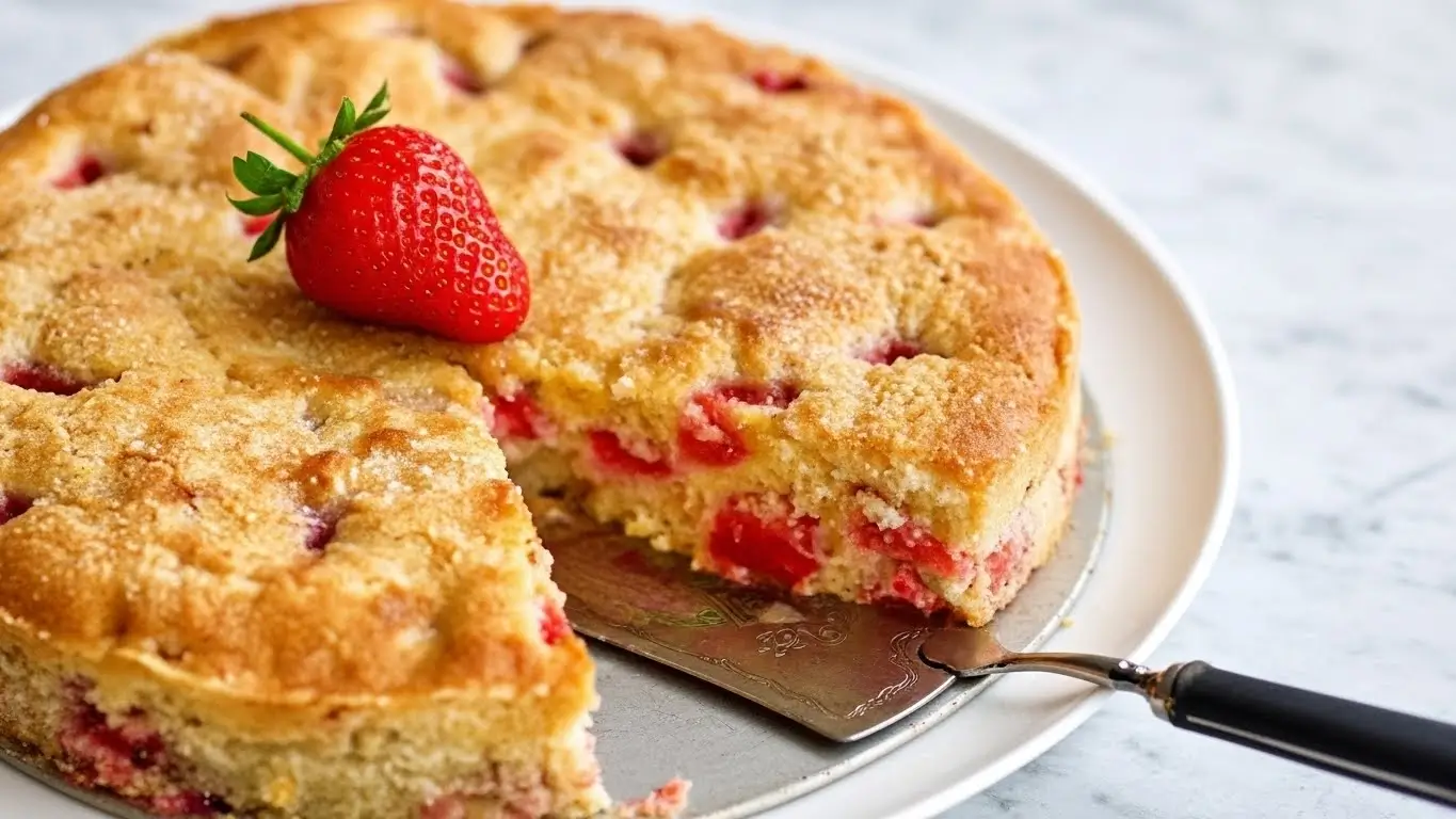 French Strawberry Cake with a golden top and visible baked-in strawberries, displayed on a white plate.