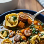 Autumn tortellini soup with sausage in a blue bowl, featuring cheese-filled tortellini, sliced sausage, carrots, leafy greens, and ground meat in a rich, savory broth.