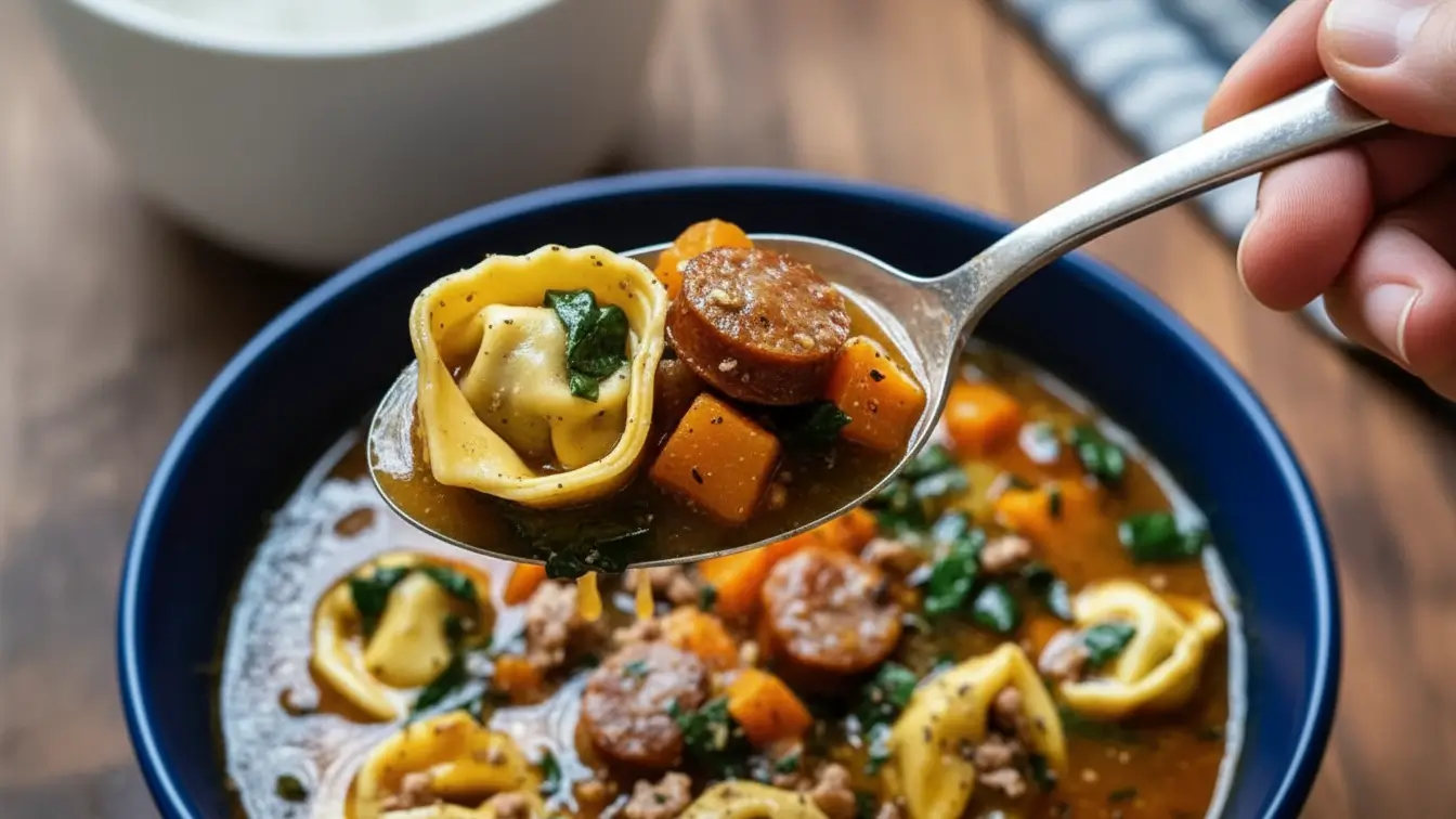 Autumn tortellini soup with sausage in a blue bowl, featuring cheese-filled tortellini, sliced sausage, carrots, leafy greens, and ground meat in a rich, savory broth.