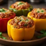 Ground turkey stuffed peppers served on a wooden plate, featuring red, yellow, and green bell peppers filled with a savory turkey mixture, topped with melted cheese and fresh herbs.
