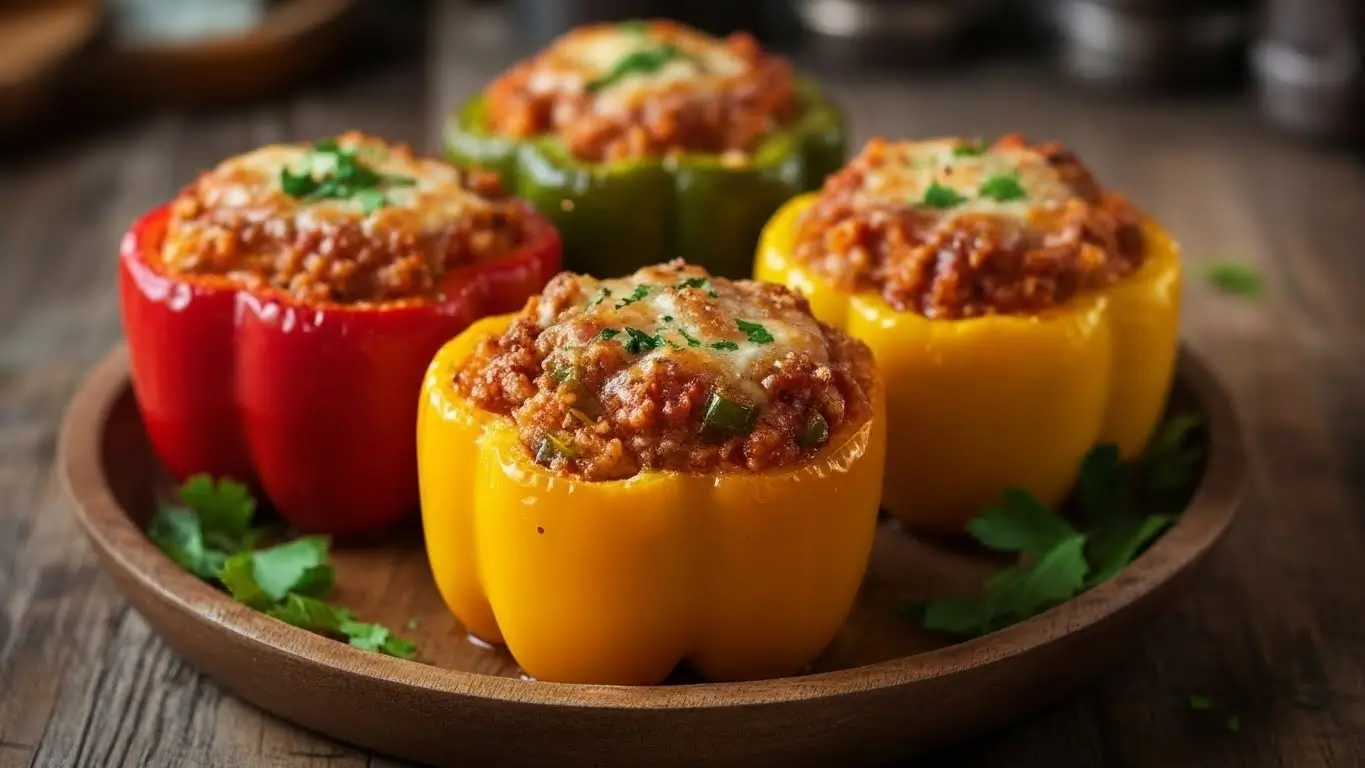 Ground turkey stuffed peppers served on a wooden plate, featuring red, yellow, and green bell peppers filled with a savory turkey mixture, topped with melted cheese and fresh herbs.