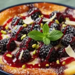 Blackberry clafoutis baked in a round dish, topped with fresh blackberries, powdered sugar, berry sauce drizzle, chopped pistachios, white chocolate shavings, and a mint garnish.
