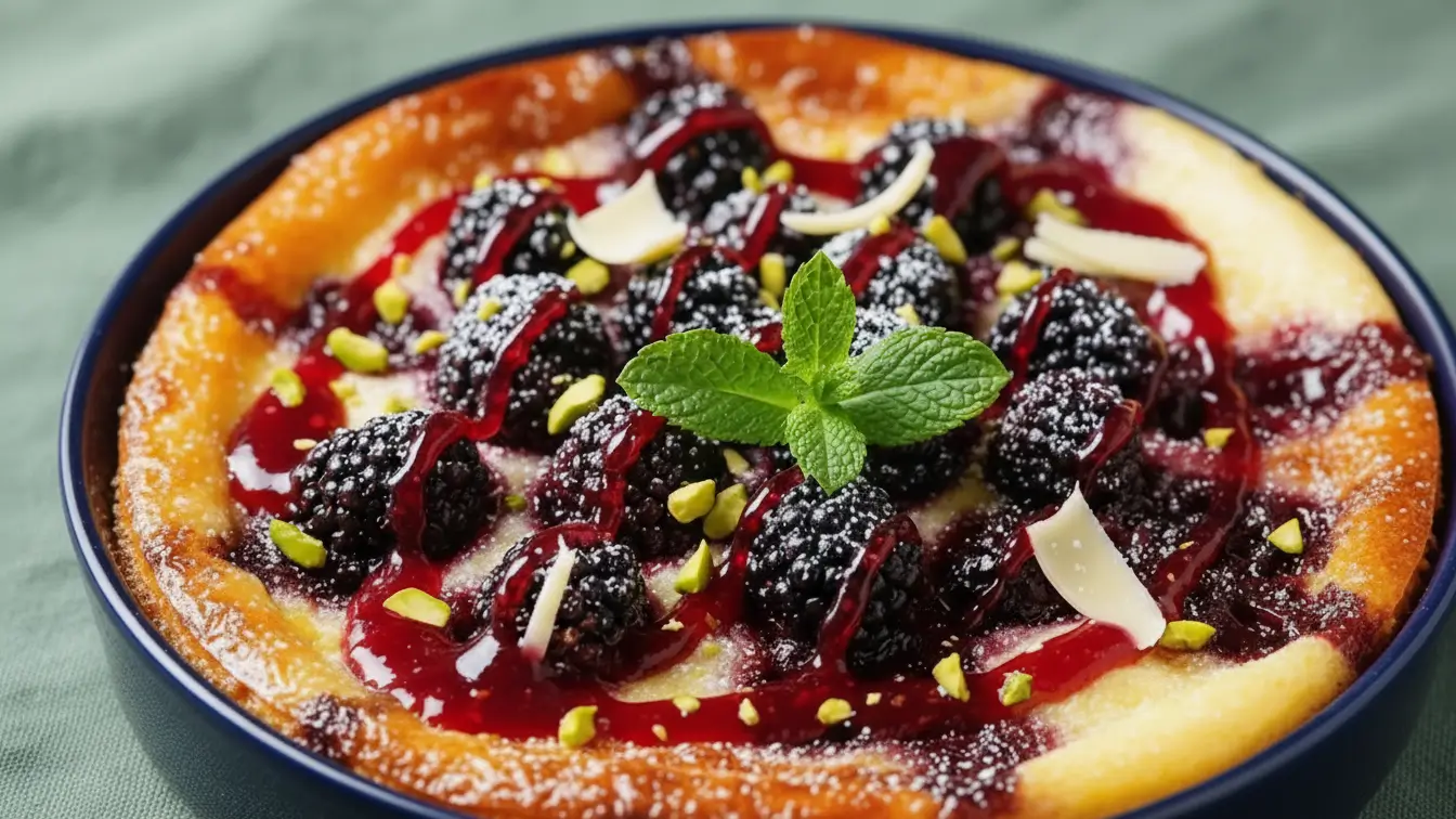 Blackberry clafoutis baked in a round dish, topped with fresh blackberries, powdered sugar, berry sauce drizzle, chopped pistachios, white chocolate shavings, and a mint garnish.
