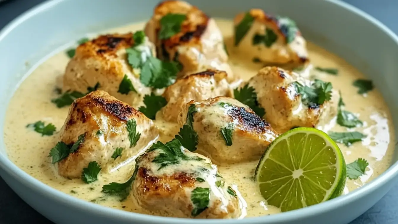 Creamy coconut lime chicken served in a shallow bowl, with golden seared chicken pieces in a smooth coconut sauce, garnished with fresh cilantro and a sliced lime.