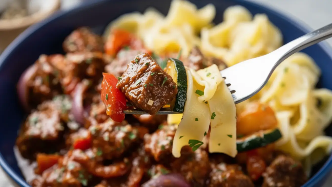 Hungarian pörkölt stew served in a blue bowl, with tender beef pieces cooked in a paprika-rich sauce with tomatoes, onions, zucchini, and herbs, accompanied by wide egg noodles.