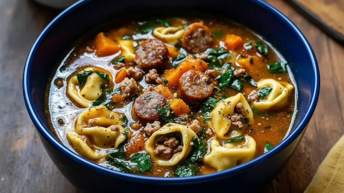 Autumn tortellini soup with sausage in a blue bowl, featuring cheese-filled tortellini, sliced sausage, carrots, leafy greens, and ground meat in a rich, savory broth.