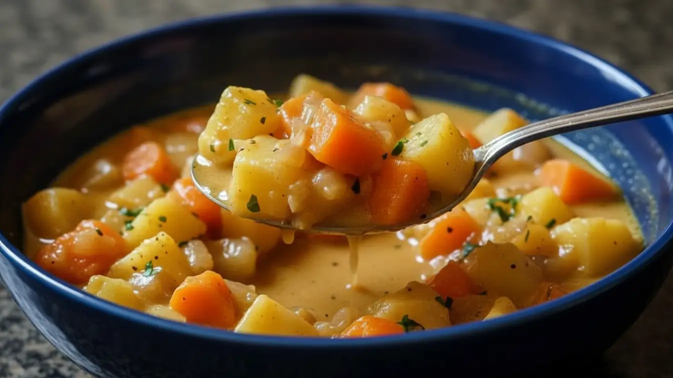 Creamy potato and carrot soup served in a dark bowl, with tender diced potatoes, carrots, herbs, and black pepper in a smooth golden broth.