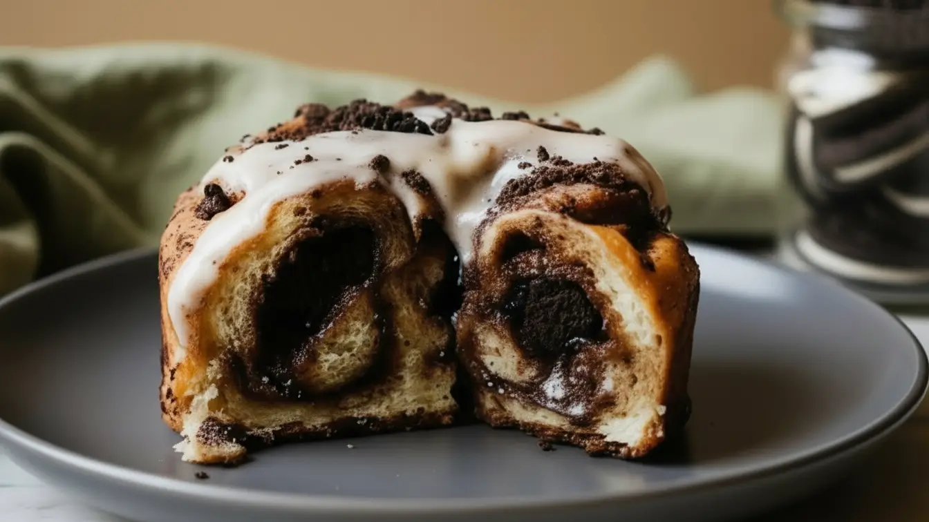 Cinnamon rolls with Oreo filling served on a plate, featuring soft swirled dough layered with crushed Oreo cookies, topped with a creamy vanilla glaze and cookie crumbs.