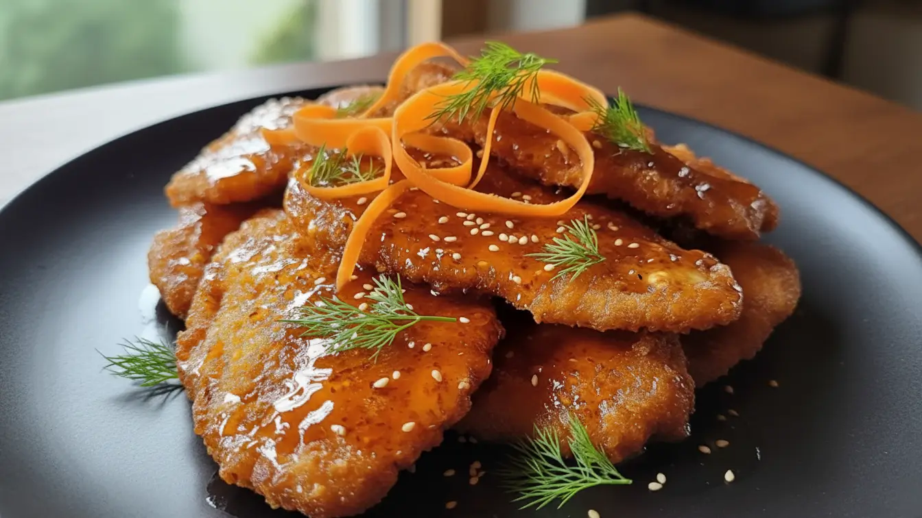 Whisk_a6196439abae08980f94953fde9630c0eg Hot honey chicken cutlets served on a black plate, featuring crispy breaded chicken pieces glazed with spicy honey sauce, garnished with carrot ribbons, sesame seeds, and fresh dill.