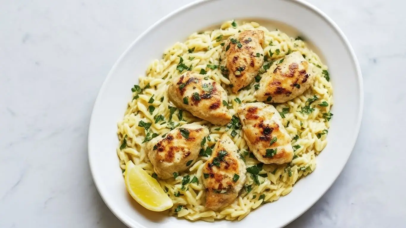 Zesty lemon chicken orzo served on a white plate, with golden seared chicken pieces over creamy orzo pasta, garnished with fresh parsley and a lemon wedge.