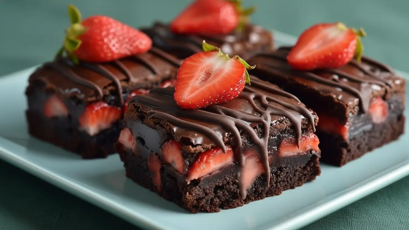 Chocolate covered strawberry brownies sliced and arranged on a white plate on a clean white countertop under natural daylight.