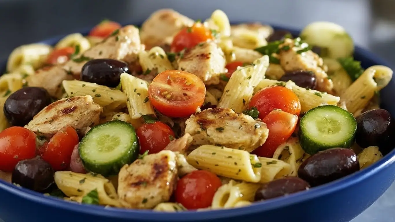 Mediterranean chicken pasta salad in a blue bowl, with grilled chicken pieces, penne pasta, cherry tomatoes, cucumber slices, black olives, and herbs tossed in a light dressing.