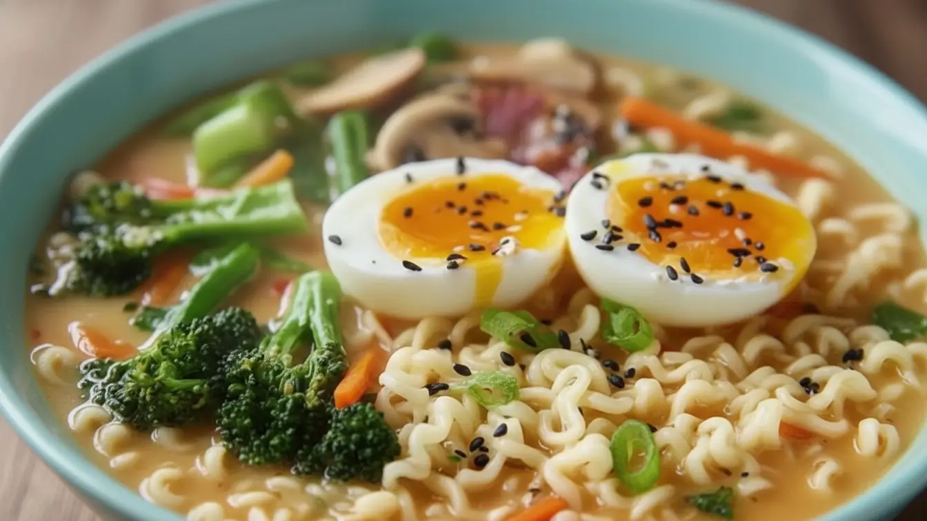 Creamy ramen noodle soup served in a light blue bowl, with soft-boiled eggs, curly noodles, broccoli florets, sliced mushrooms, green onions, carrots, and black sesame seeds in a rich broth.